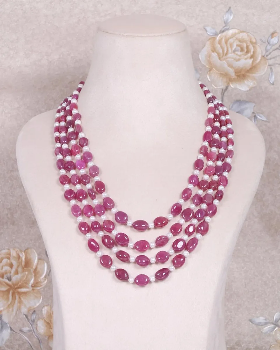 Natural Ruby Pearl Multi Layer Necklace