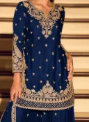 Navy Blue Chinnon Silk Embroidered Sequins Palazzo Suit Wedding Wear 2