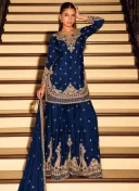 Navy Blue Chinnon Silk Embroidered Sequins Palazzo Suit Wedding Wear 1