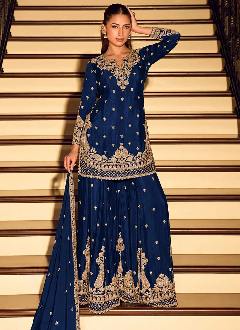 Navy Blue Chinnon Silk Embroidered Sequins Palazzo Suit Wedding Wear
