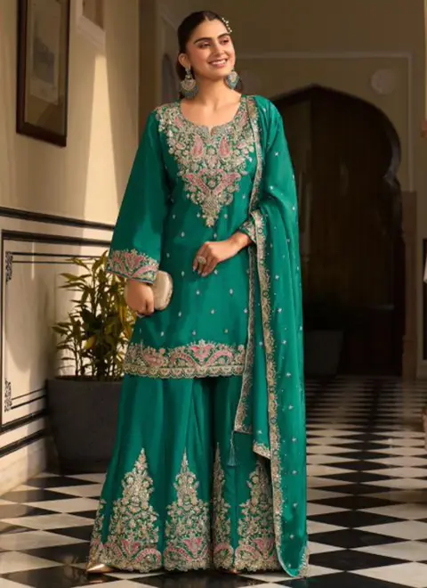 Teal Green Chinon Silk Embroidered Sequins