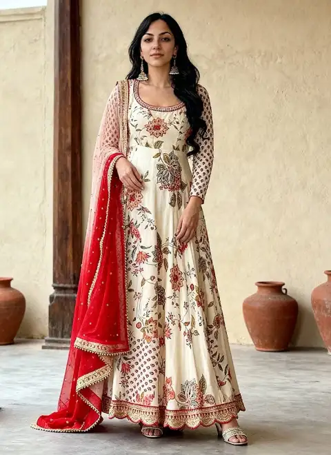 White Georgette Printed Embroidered Sequins